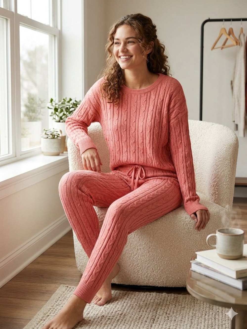 NY&C Rose Pink Cable Knit Loungewear Set Size M/L